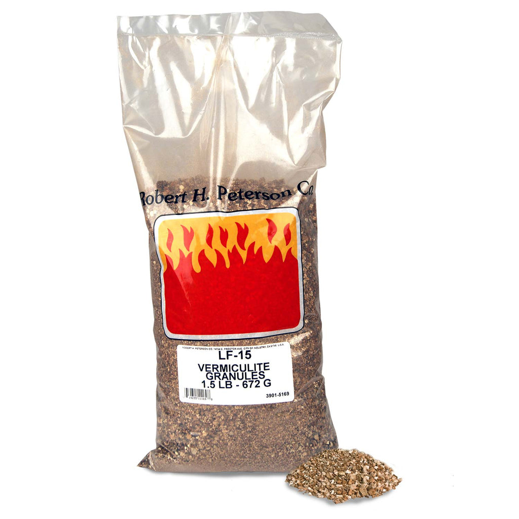 Vermiculite granules in plastic bag with label and flame graphic