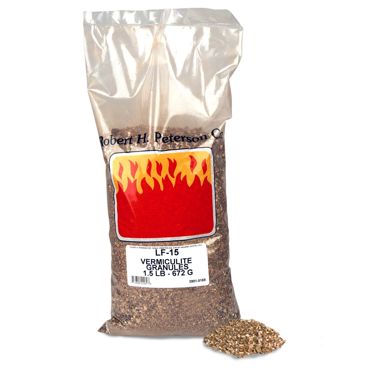 Vermiculite granules in plastic bag with label and flame graphic