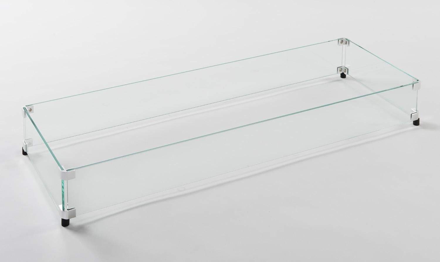 Rectangular glass wind guard with clear panels, 35 x 14.5 in, with black feet