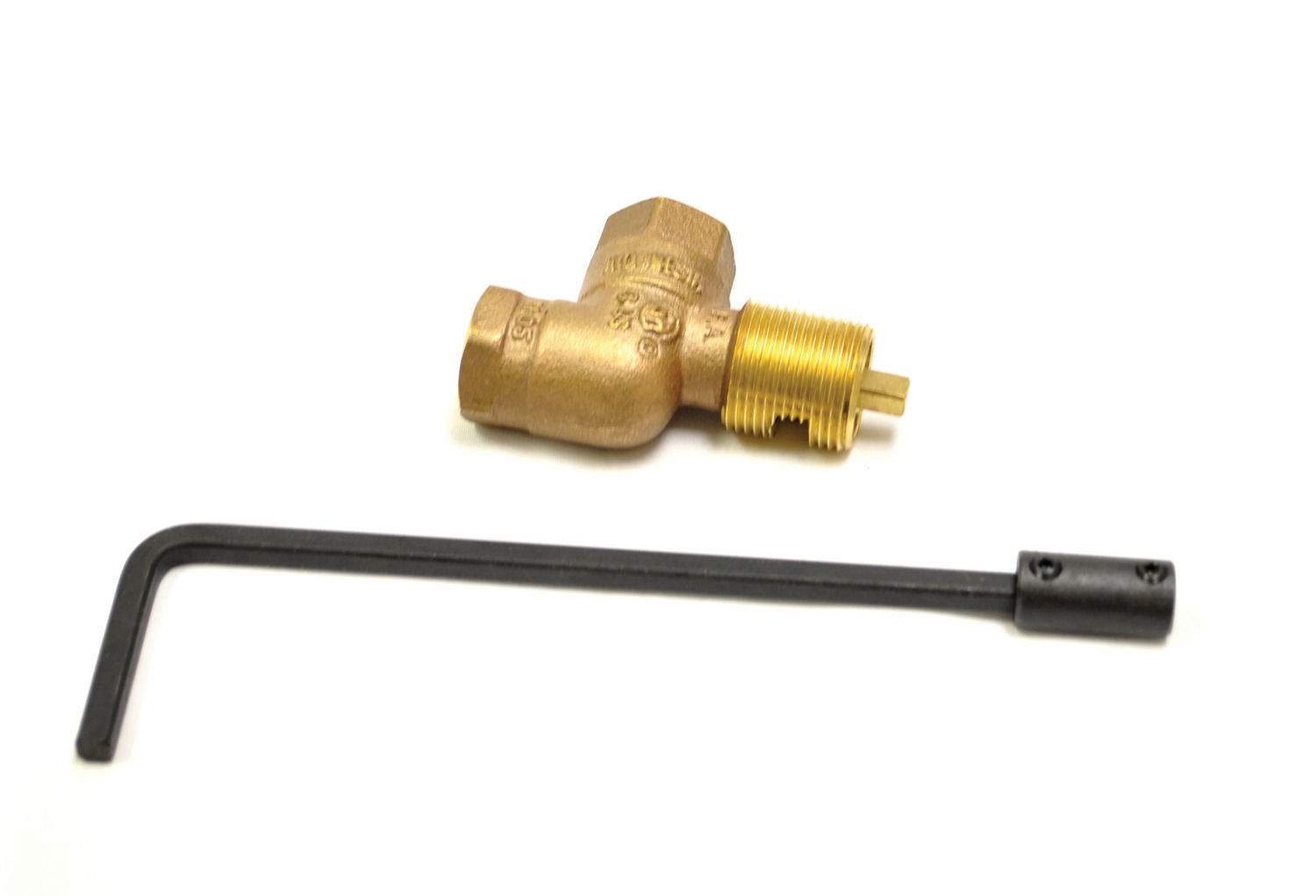 Brass fire manual control valve with angled black handle and threaded stem extension