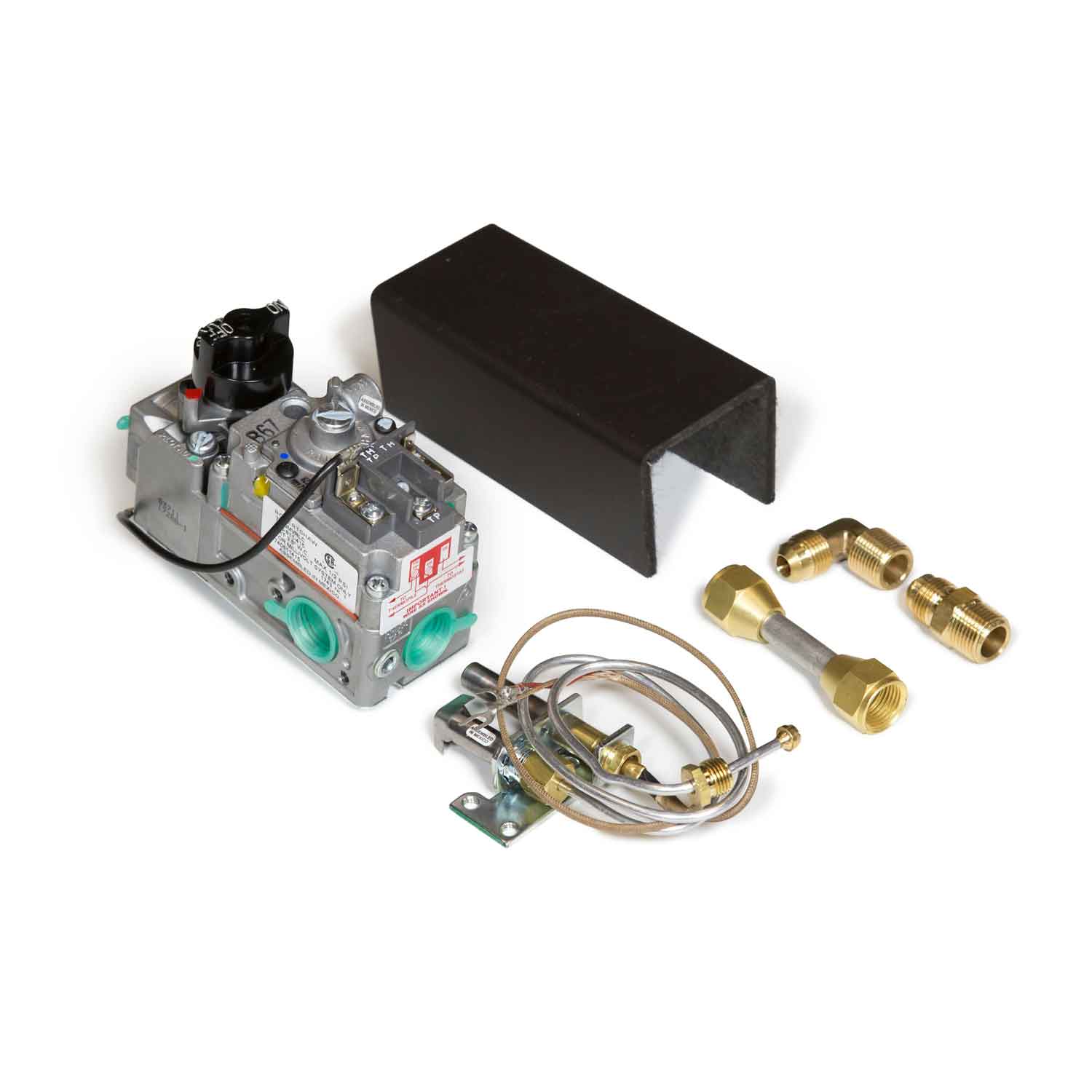 Propane burner control valve assembly with metal manifold, wires, and brass fittings