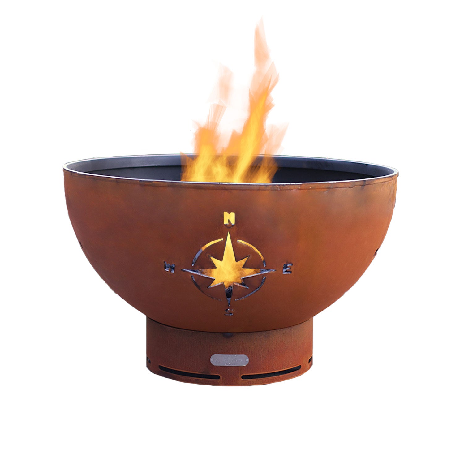 Rust gas fire pit bowl with flame and star compass emblem on front