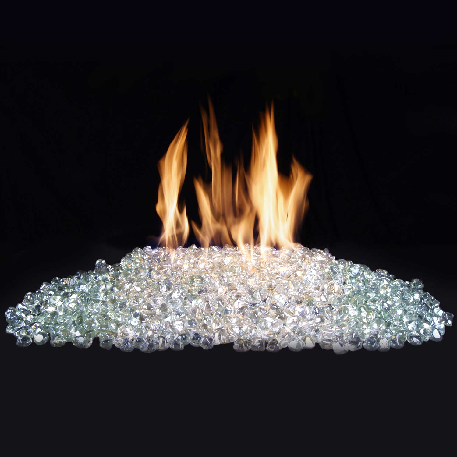 Clear diamond nuggets with visible flames above the pile