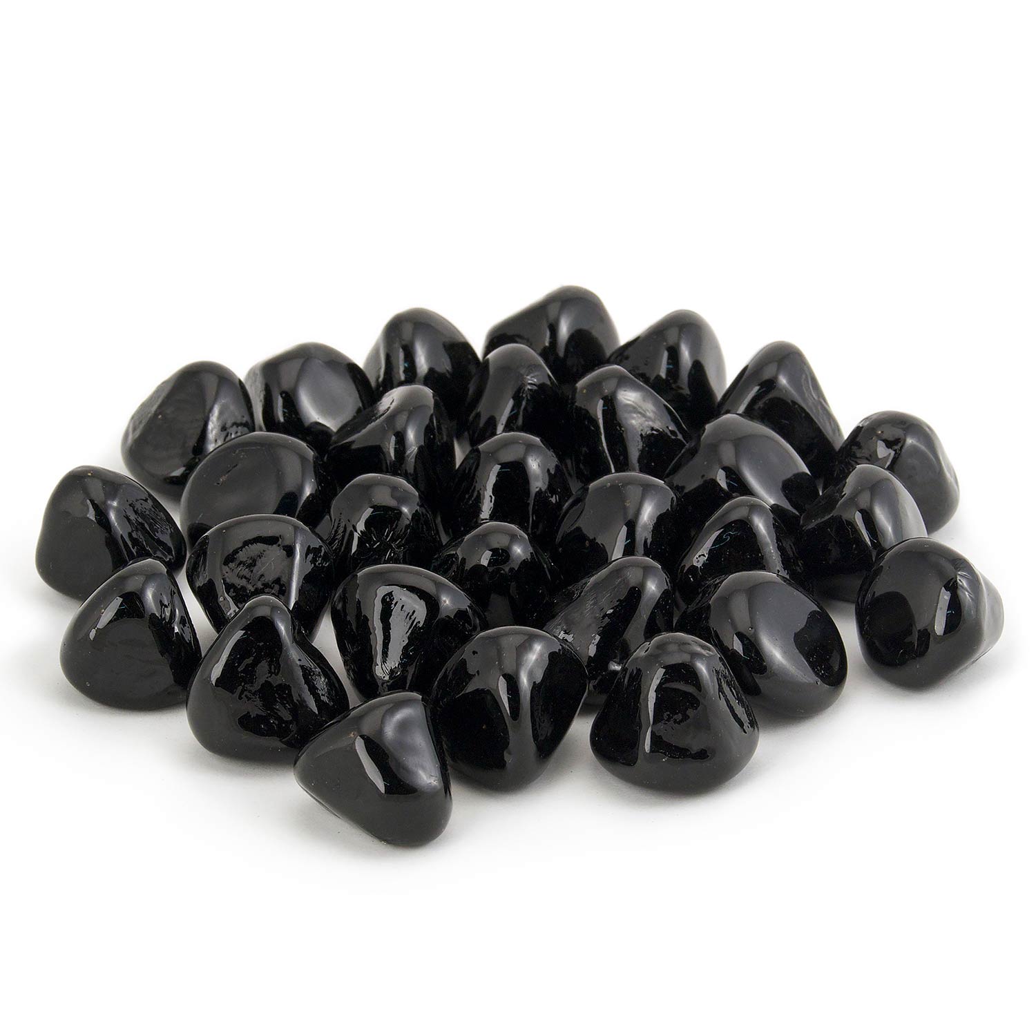 Black glossy diamond fire pit nuggets, assorted teardrop stones