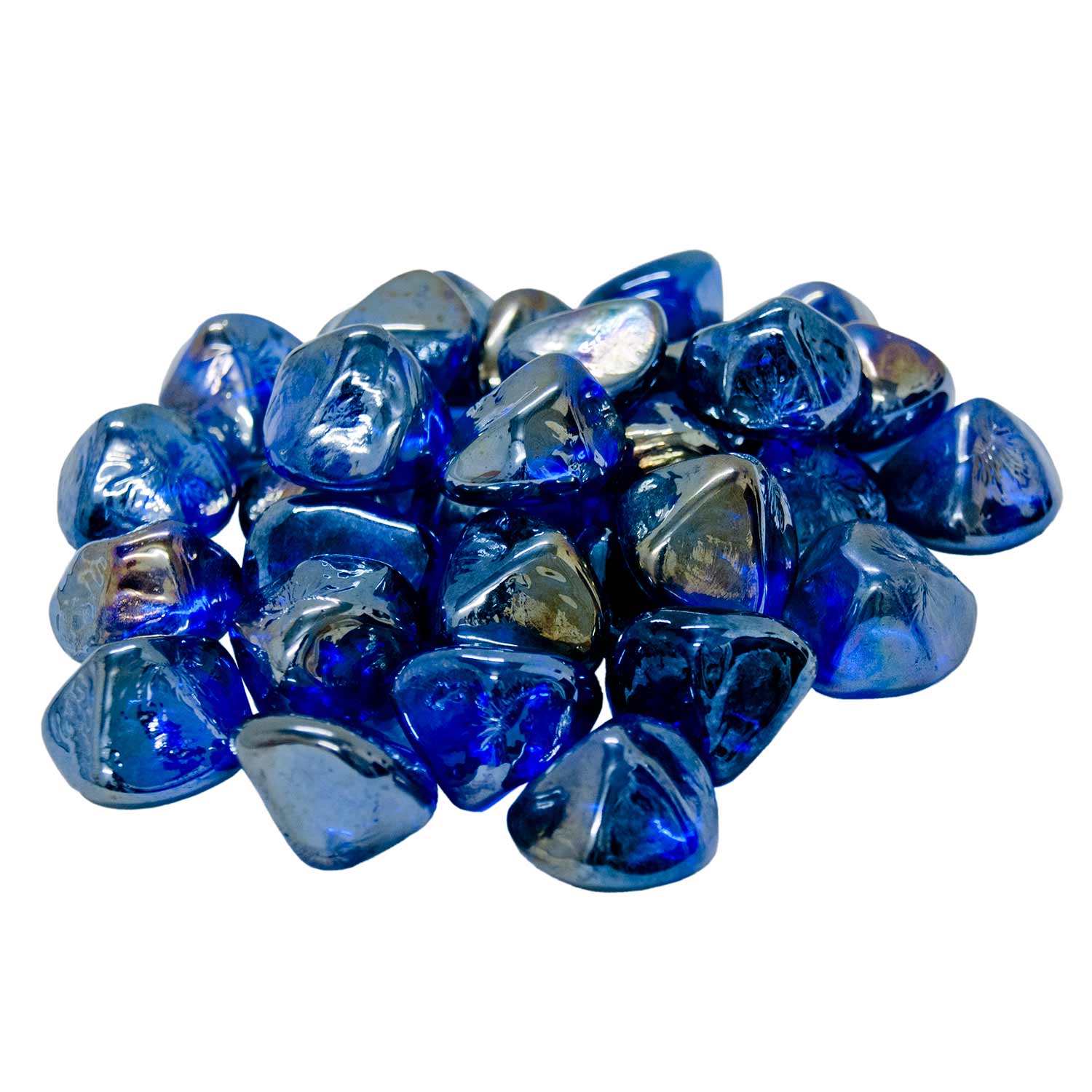 Blue polished glass diamond nuggets, irregular stones in a pile for fire décor