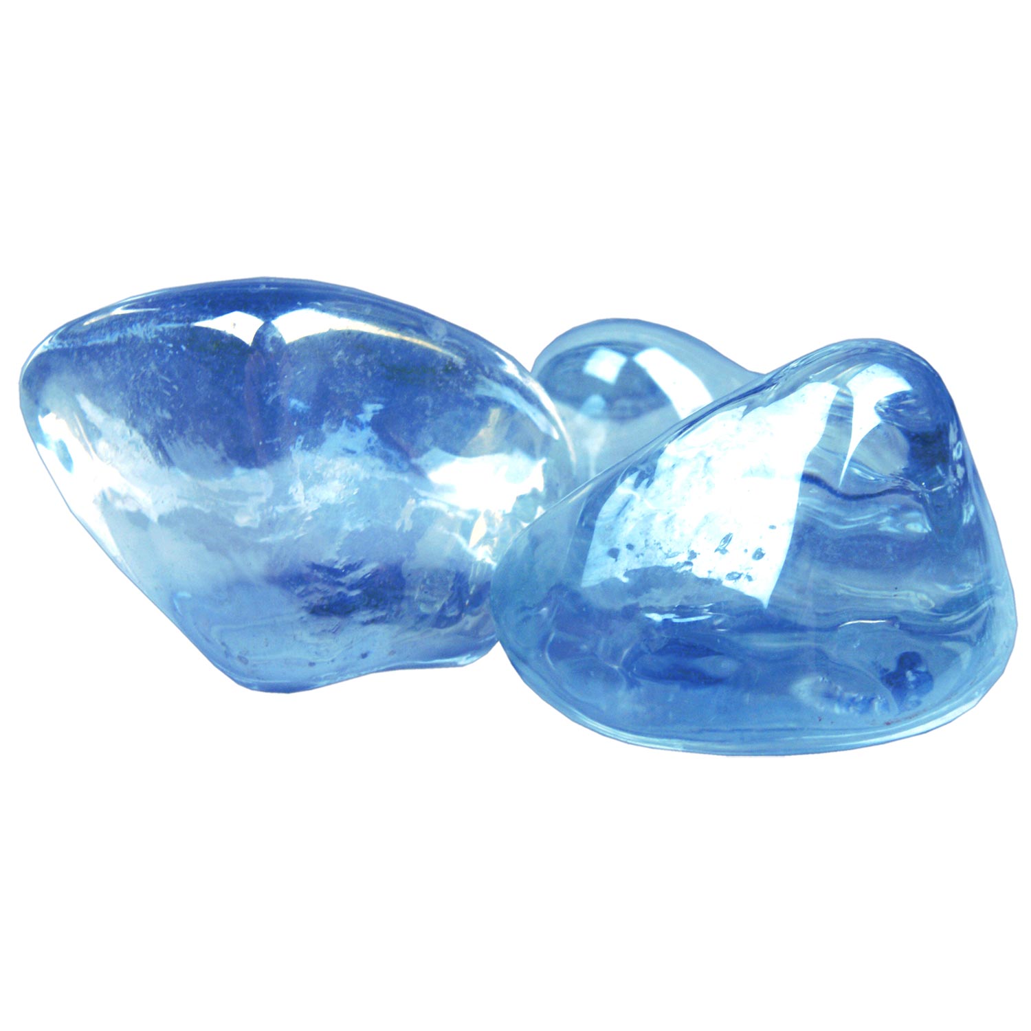 Faceted diamond nuggets in steel blue, two pieces shown side by side