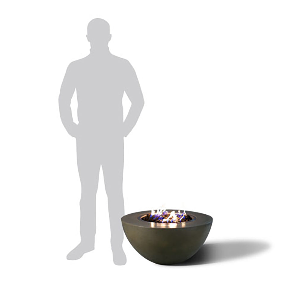 Dark gray round fire pit next to person silhouette for scale