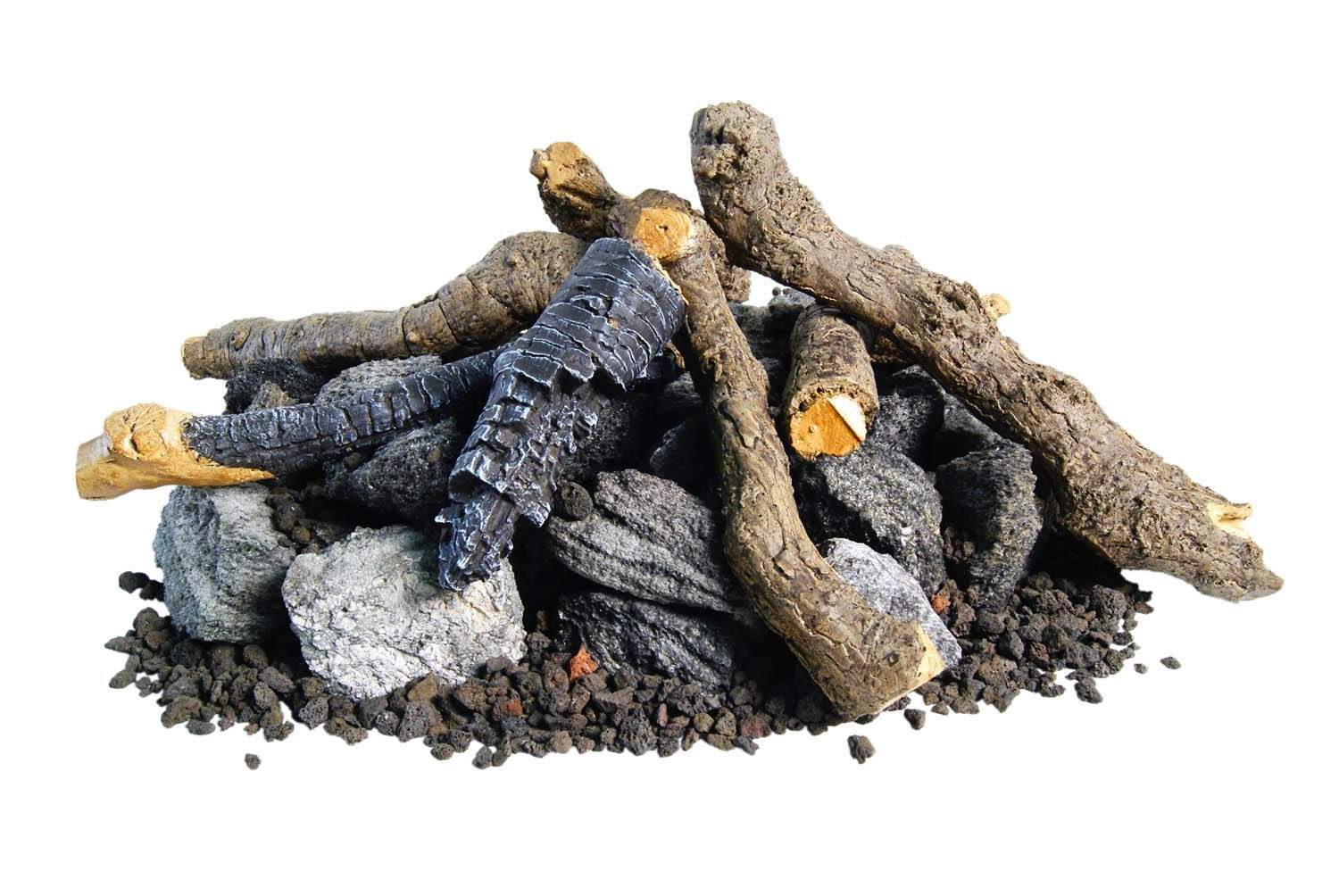 Fireplace log set with gray and black stones and bundled wood pieces