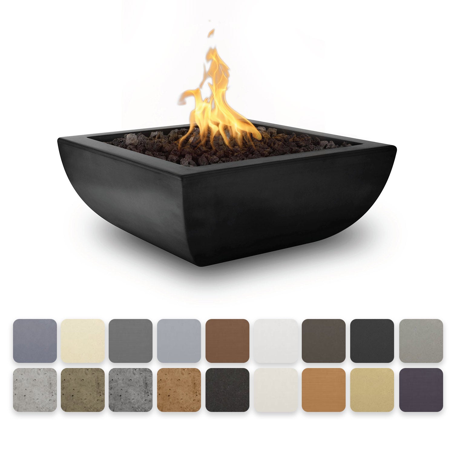 Square concrete gas fire bowl with visible flames, dark matte finish