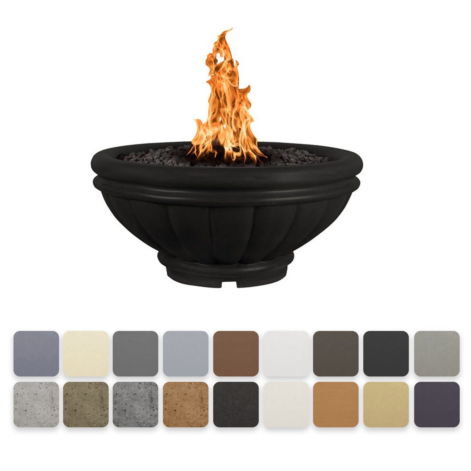 Black round concrete gas fire bowl with flame and dark burner media, with finish swatches