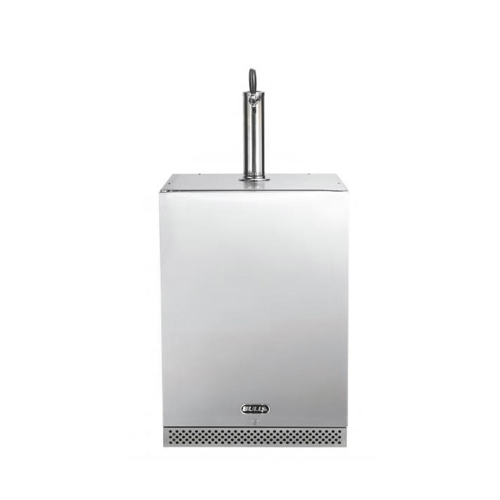 Bull single-tap kegerator with stainless cabinet, single tap tower, and drip tray