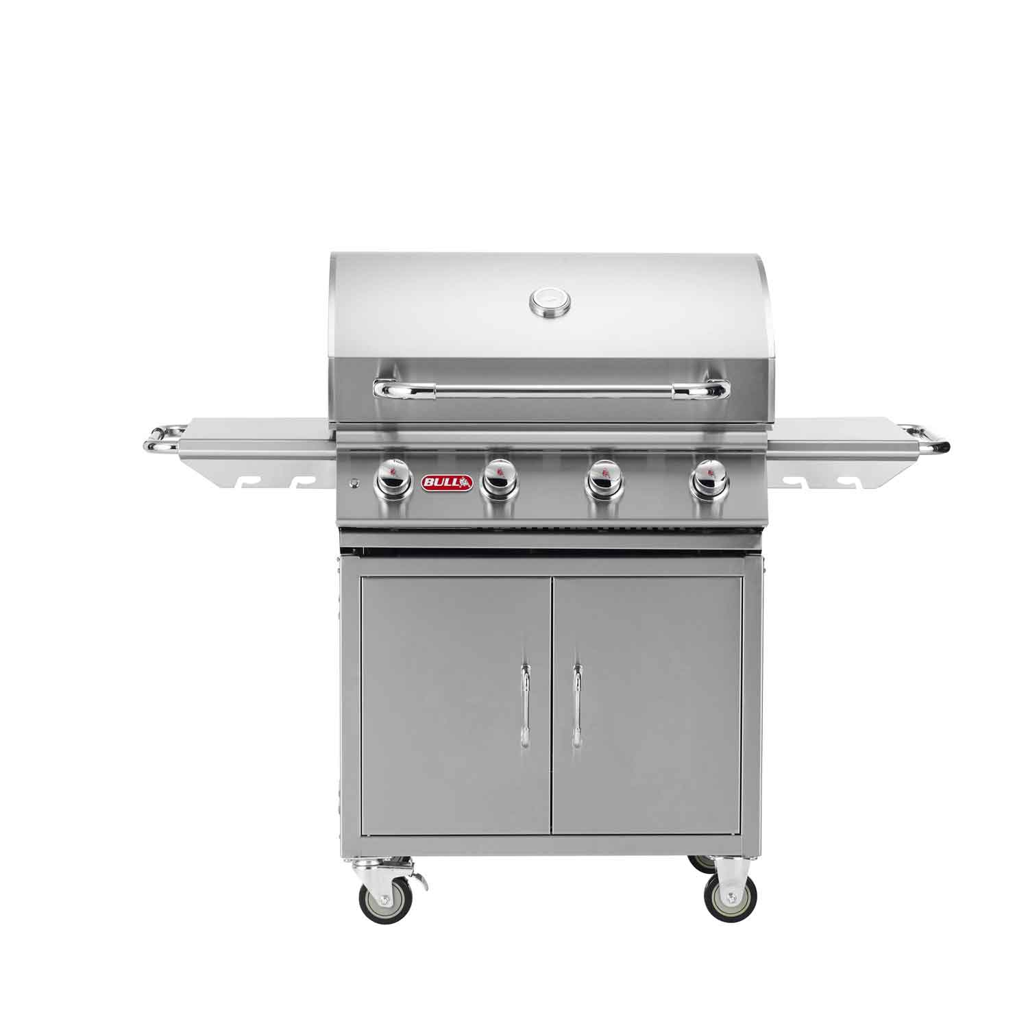 Stainless steel gas grill on cart with control knobs and cabinet doors