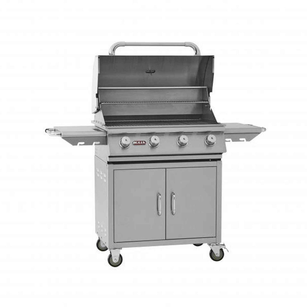 Stainless steel gas grill on cart with open lid and front control knobs