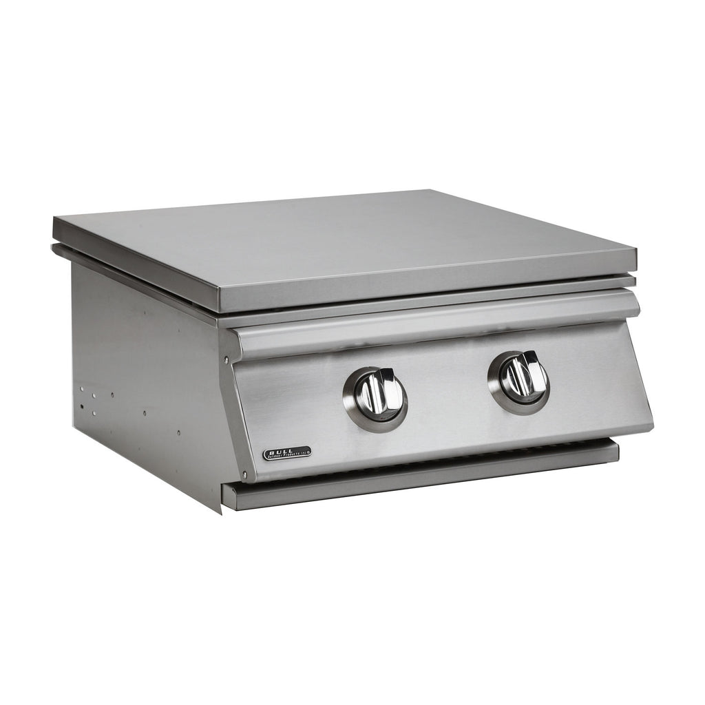 Stainless steel power burner with two front control knobs and closed lid