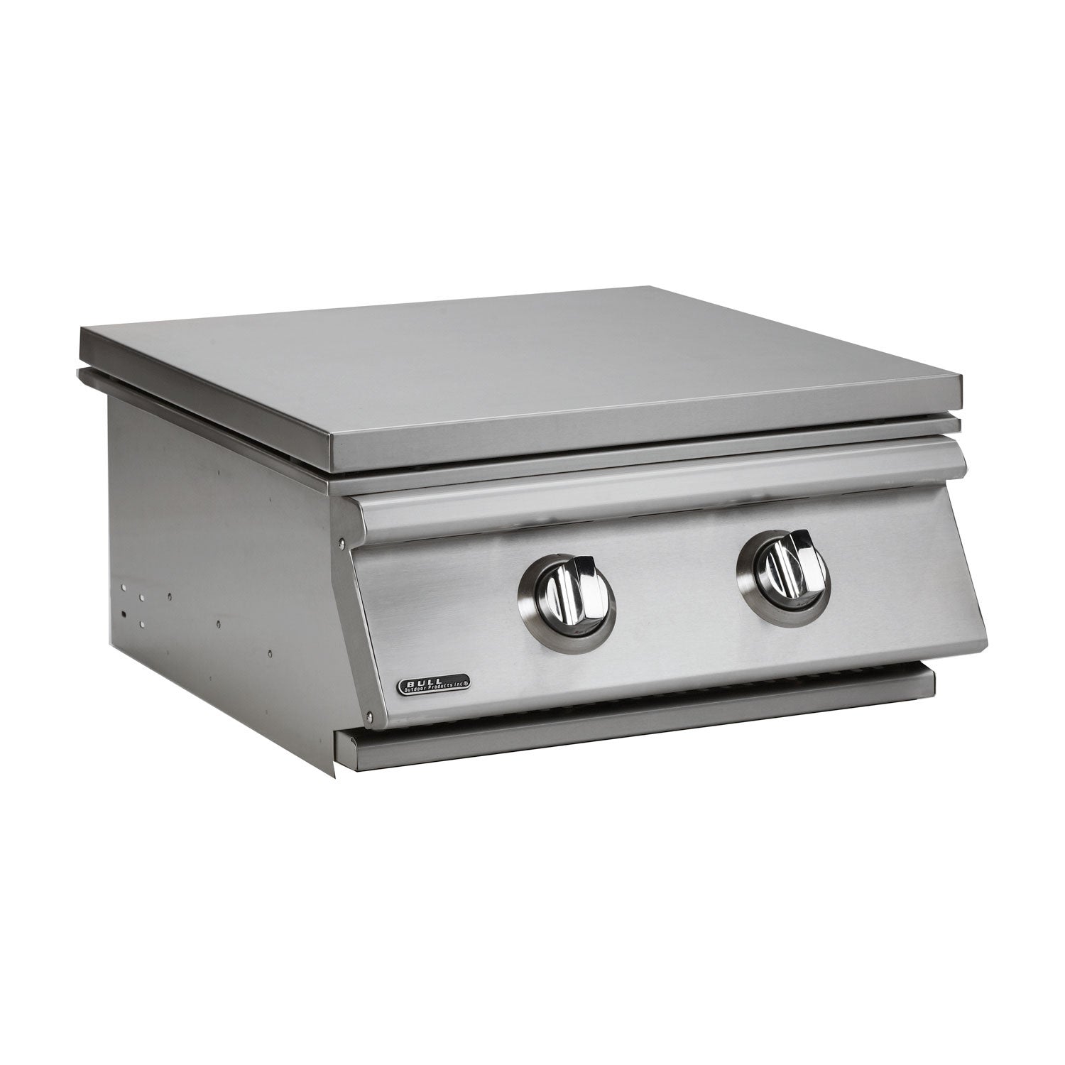 Stainless steel power burner with two front control knobs and closed lid