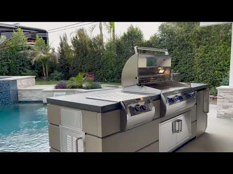 Fire Magic 77-Inch Contemporary Outdoor Kitchen Island with 30-Inch Aurora Gas Grill, Doors, Refrigerator and Timer Box