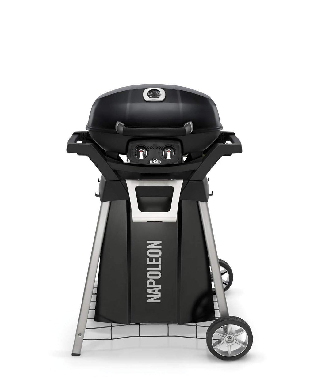 Portable gas grill on wheeled cart, black lid closed and side shelves