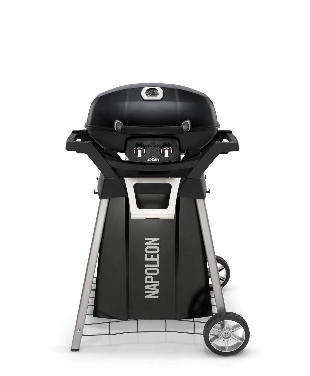 Portable gas grill on wheeled cart, black lid closed and side shelves