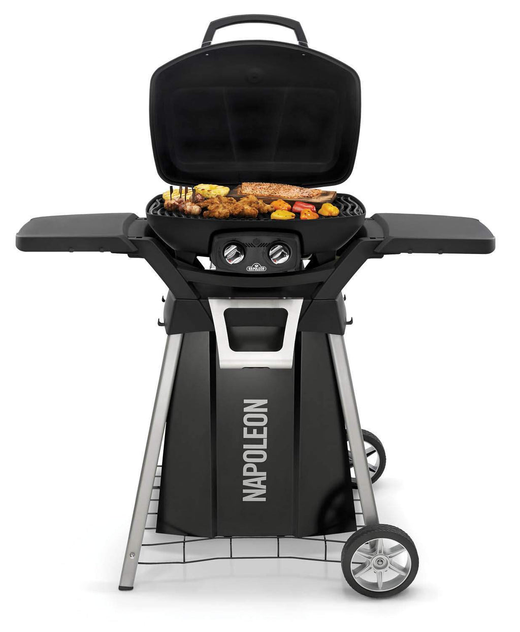 Portable gas grill on cart with open lid, cooking grate with food visible