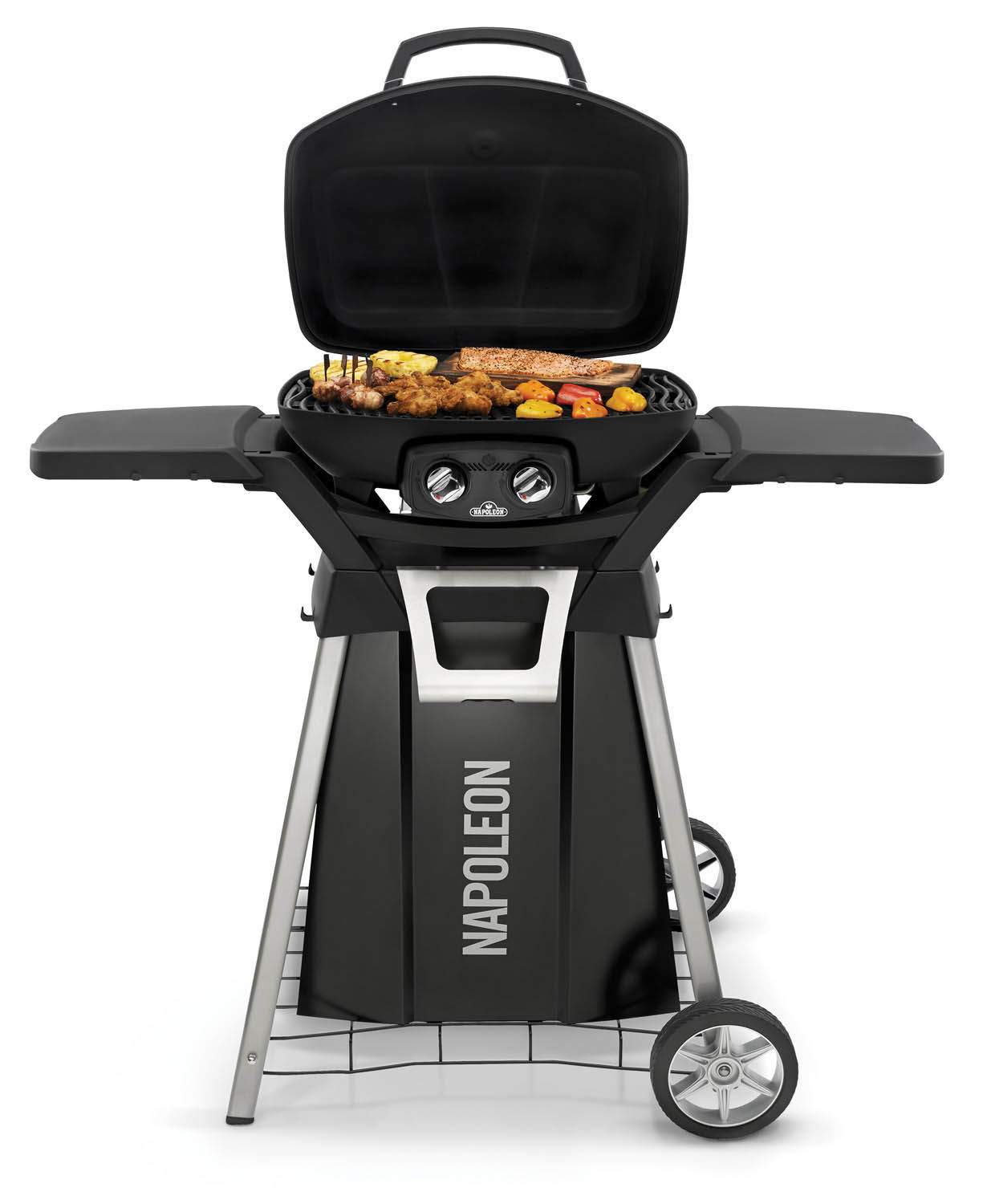 Portable gas grill on cart with open lid, cooking grate with food visible