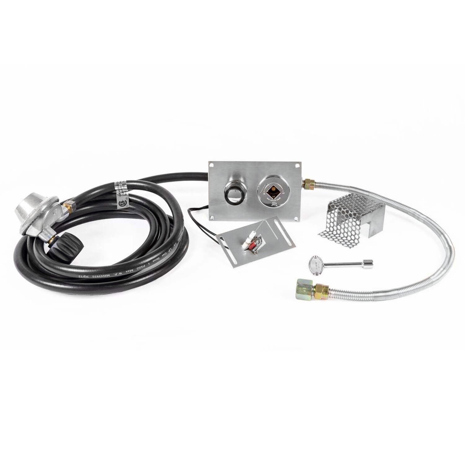 Propane push-button spark ignition kit with wiring, metal mounting plate and hoses