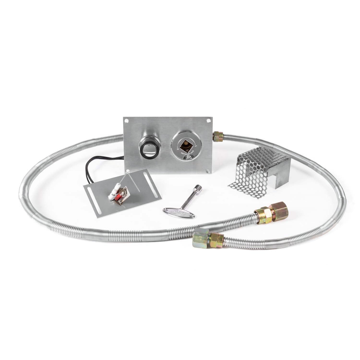 Spark ignition kit with push-button control, metal mounting plate and gas connector hoses