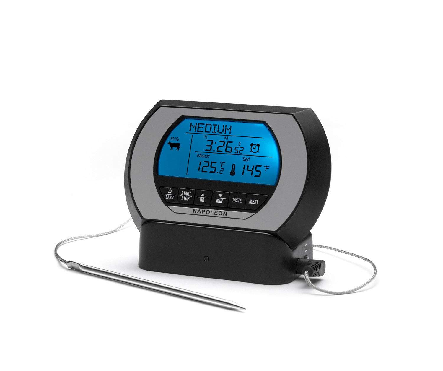 Napoleon wireless digital thermometer with blue LCD display and wire probe, black base
