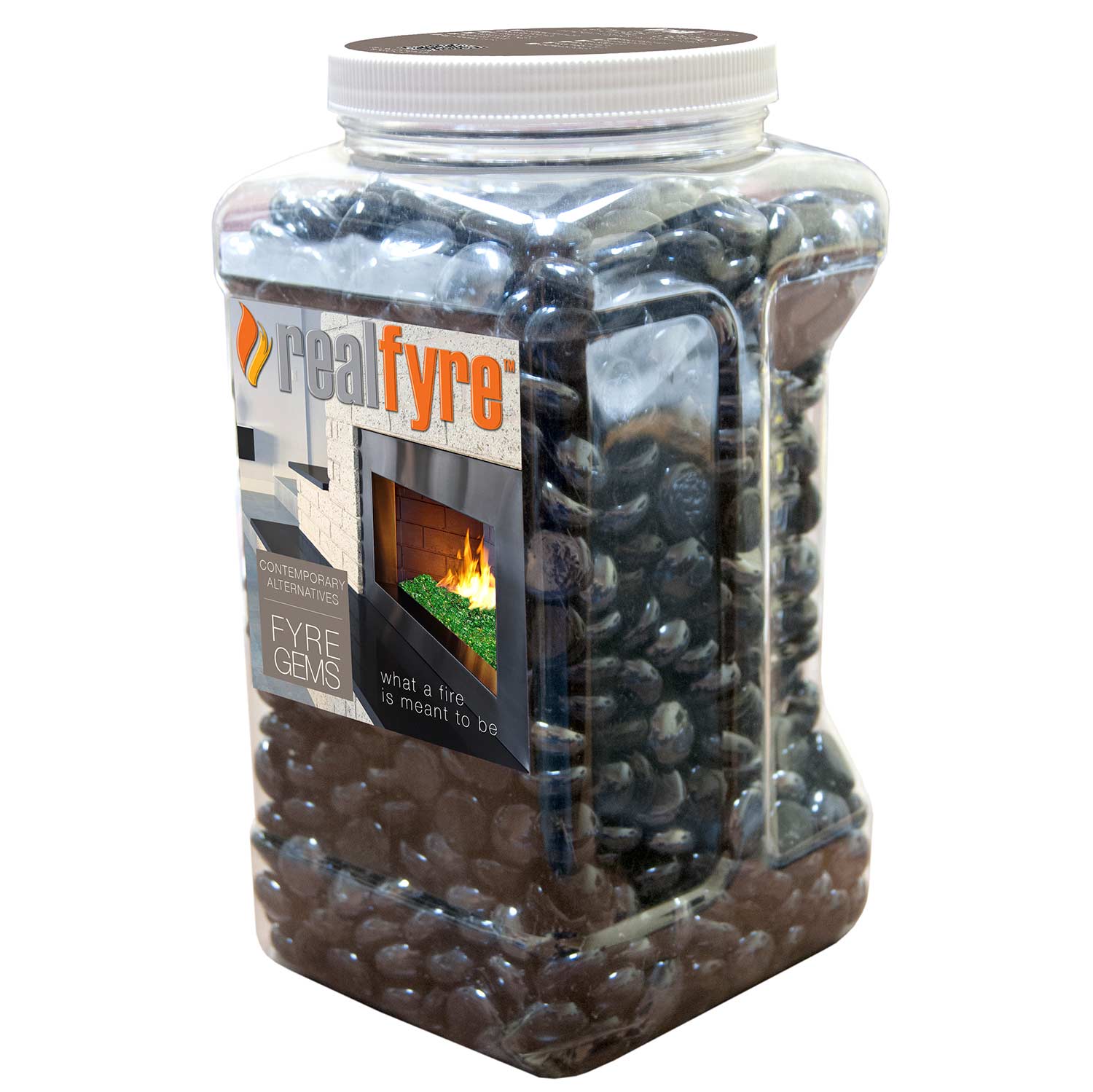 Jar of black glossy fire pit gems