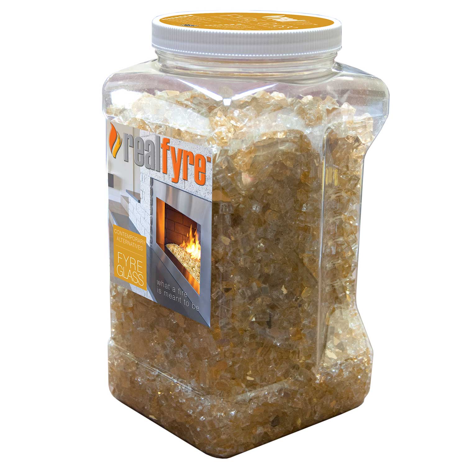 Amber fire glass in a clear plastic jar, translucent crushed pieces