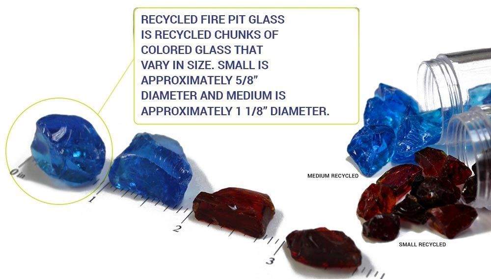 Recycled fire pit glass infographic with blue and red chunks and size diagram.