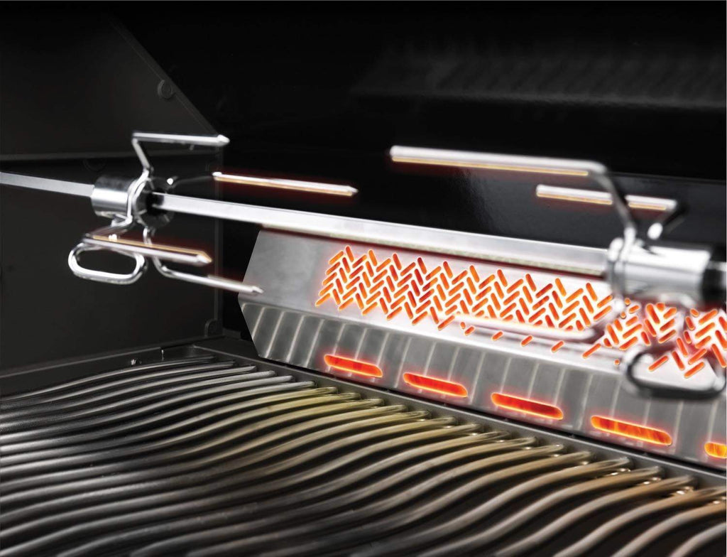 Rotisserie heating elements with spit rods over grill grates