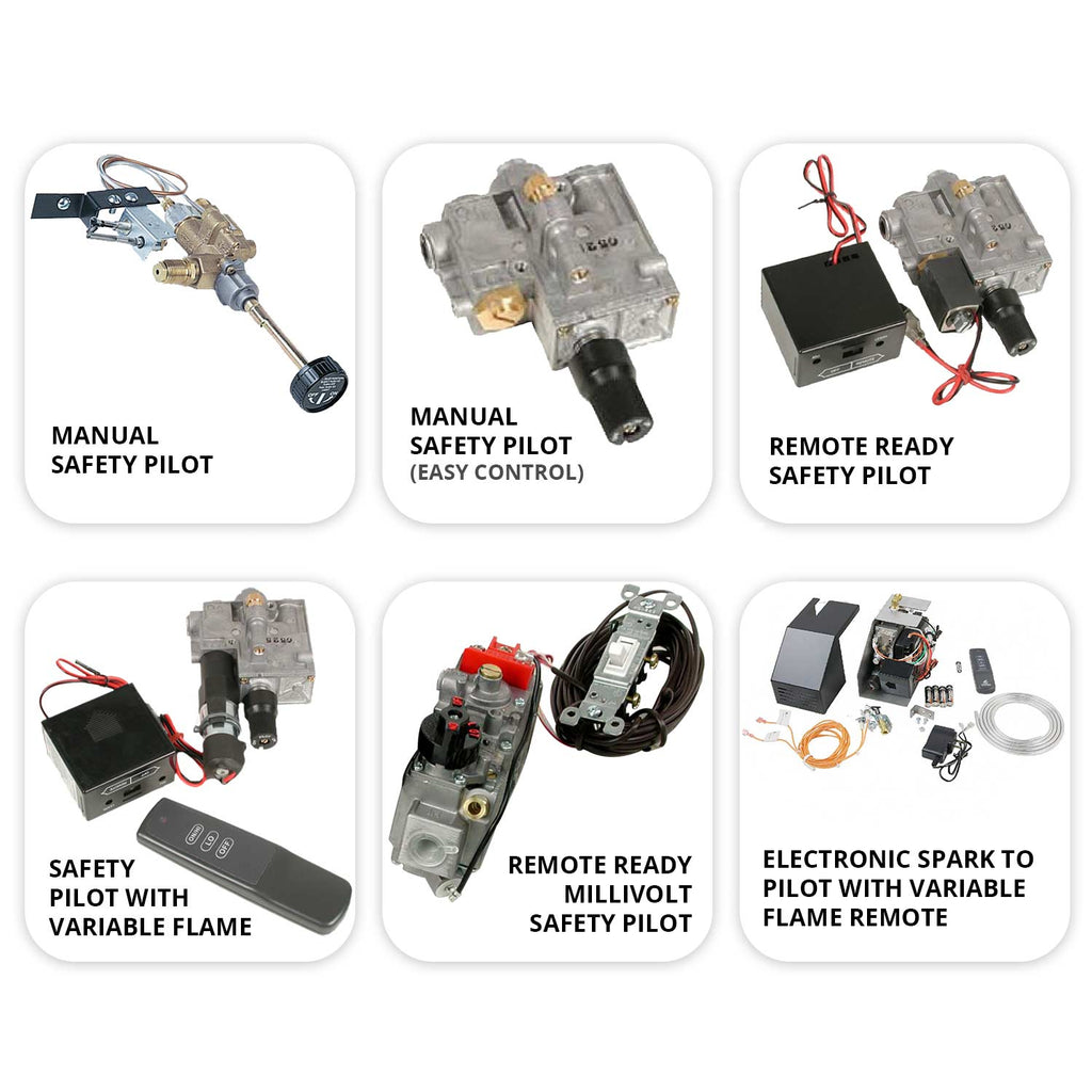 Safety pilot kit parts, including gray gas valves, black wiring, and red leads