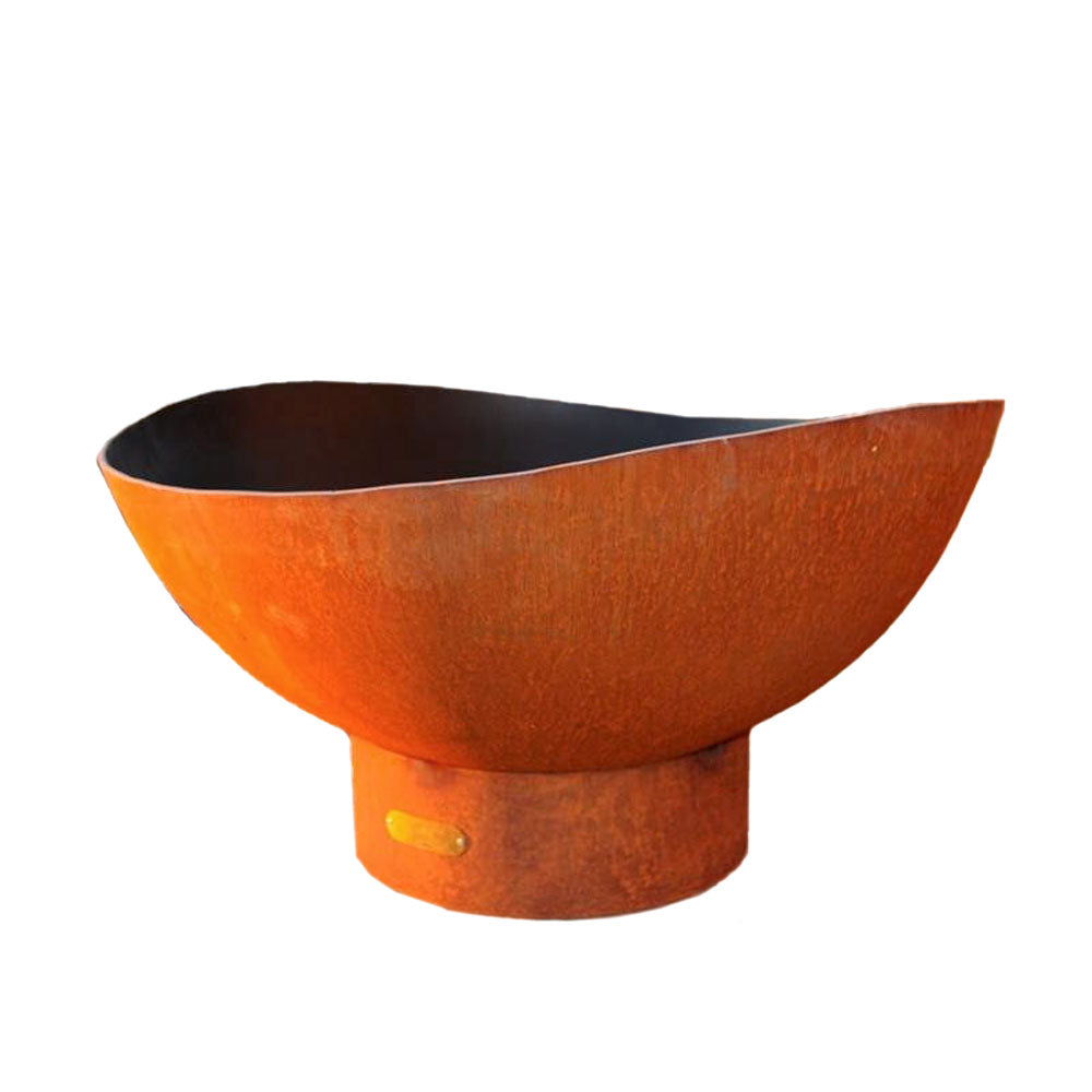 Rust-orange gas fire pit bowl with black interior and round pedestal stand.