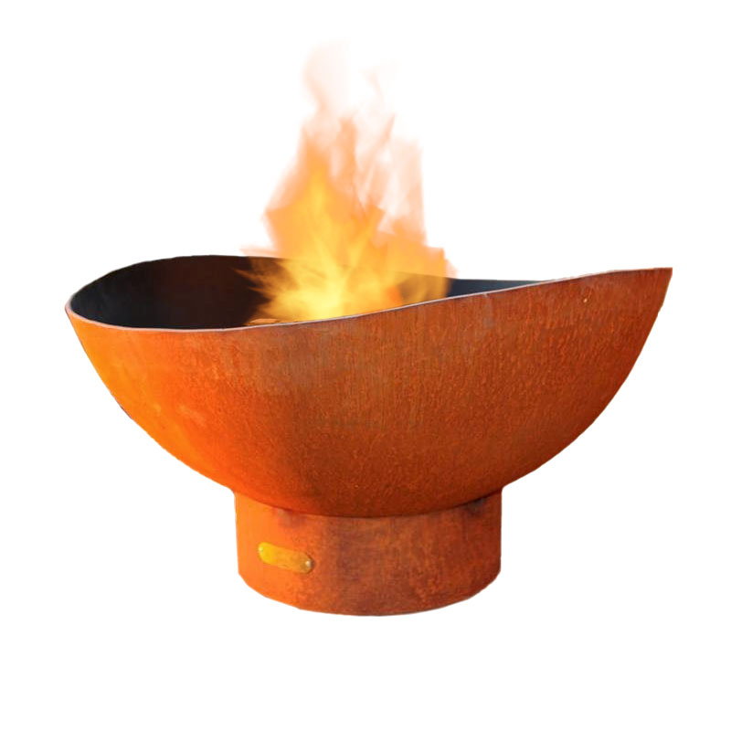 Rust-colored wood fire pit bowl with flames, scalloped rim