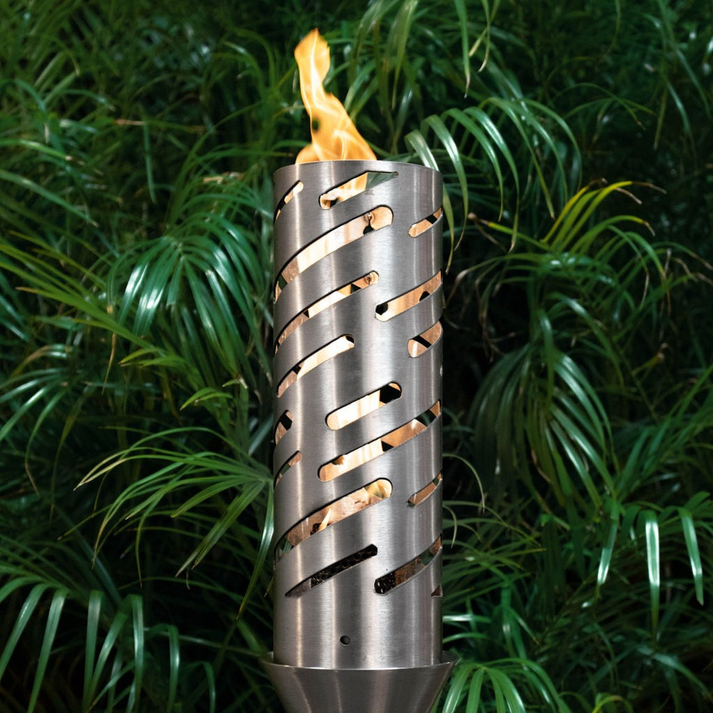 Stainless steel patio torch with open flame in a cylindrical perforated housing
