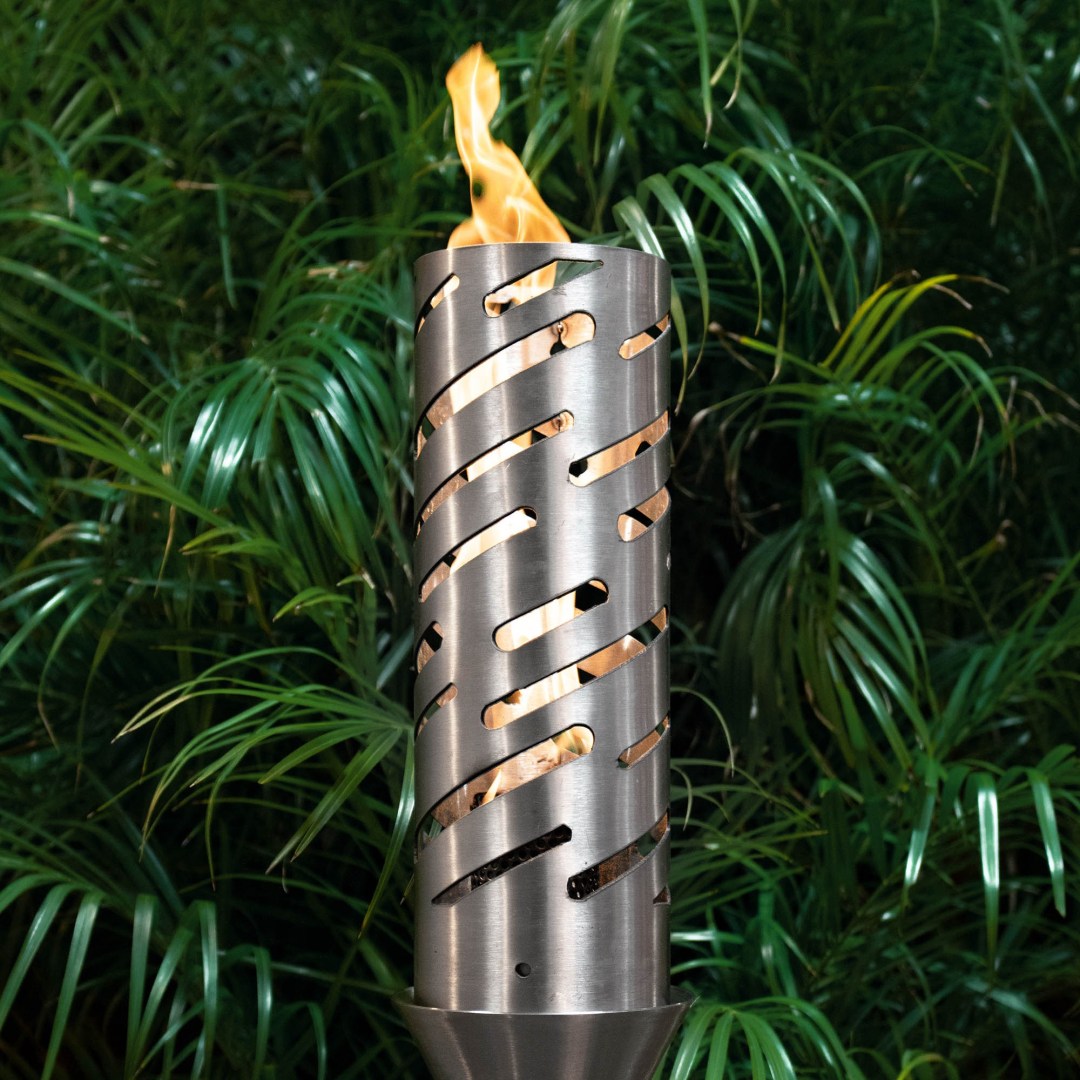 Stainless steel patio torch with open flame in a cylindrical perforated housing