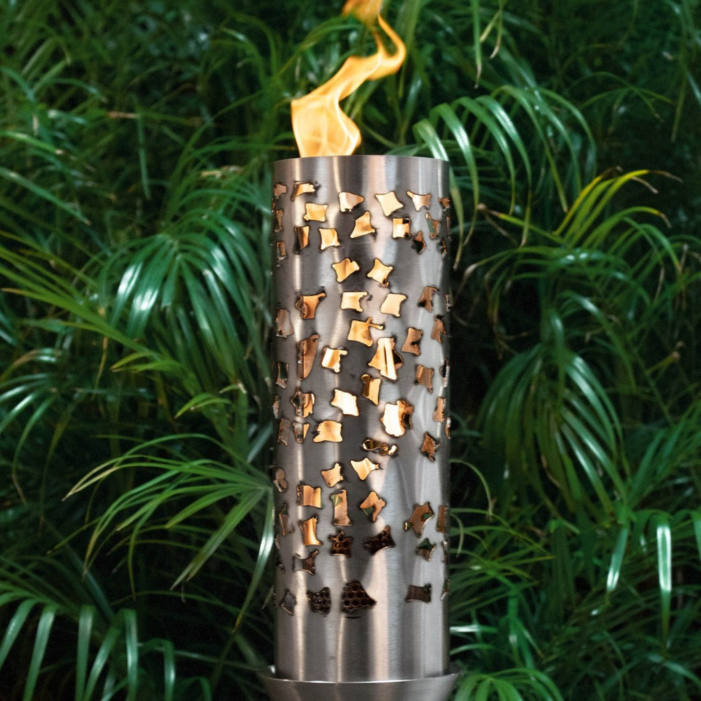Outdoor torch with metal perforated cylinder and open flame