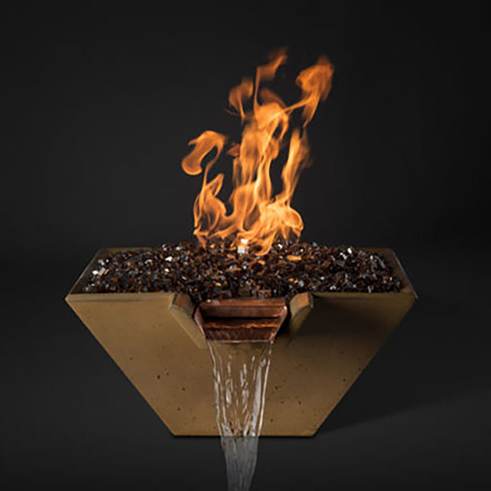 Square glass fire pit with flames and dark fire glass on top bowl