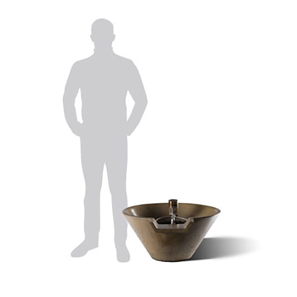 Round glass fire pit with conical metal bowl and central burner assembly, shown for scale