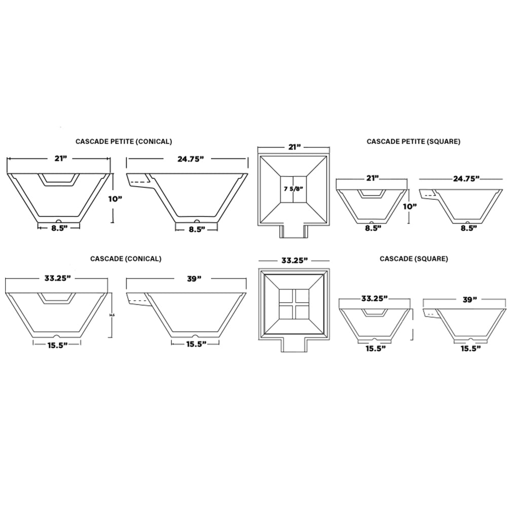 Fire pit size diagram with labeled measurements for square and conical models
