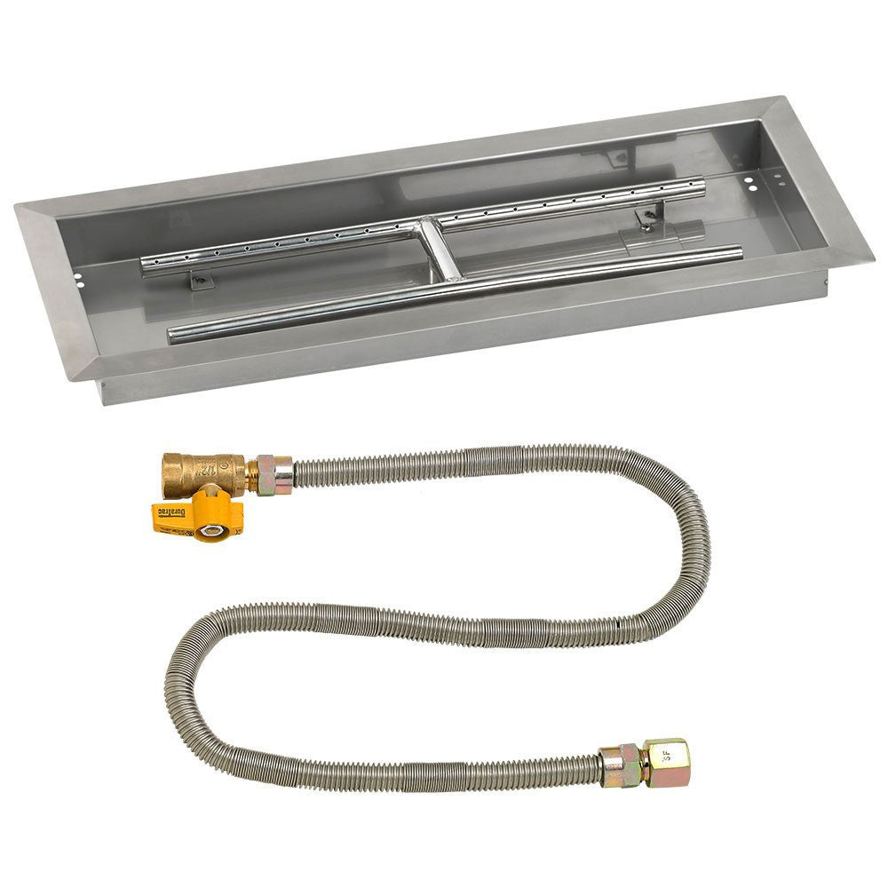 Rectangular stainless steel fire pit burner pan with natural gas ignition hose and valve