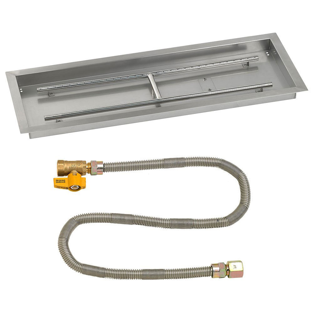 Rectangular stainless steel fire pit burner pan with natural gas ignition hose and fittings