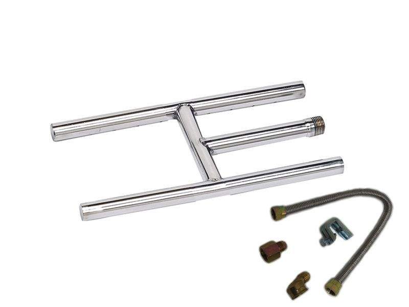 Rectangular fireplace H-burner with threaded ends, gas line, and brass fittings