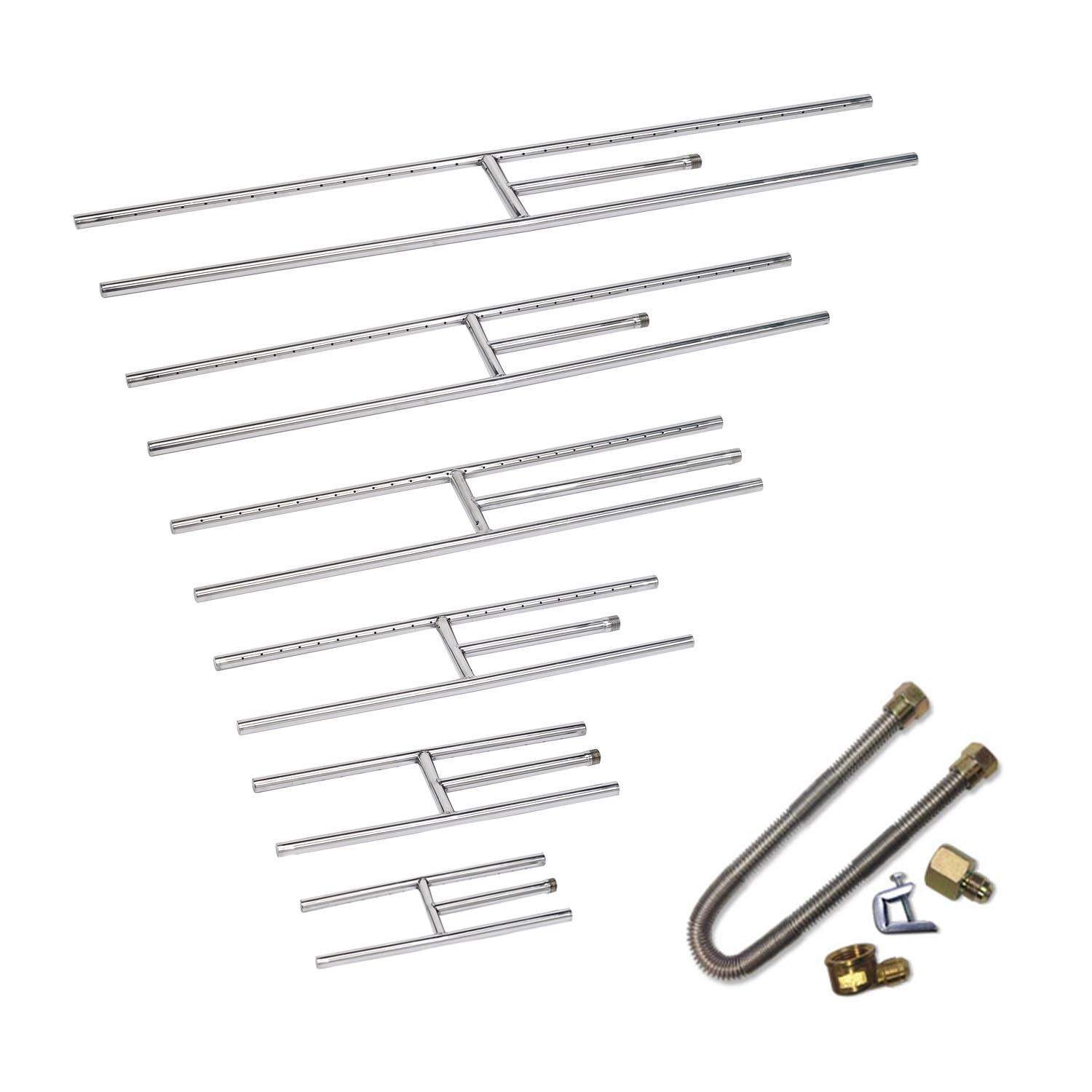 Rectangular fireplace burner kit with metal H-burner bars and gas line with fittings