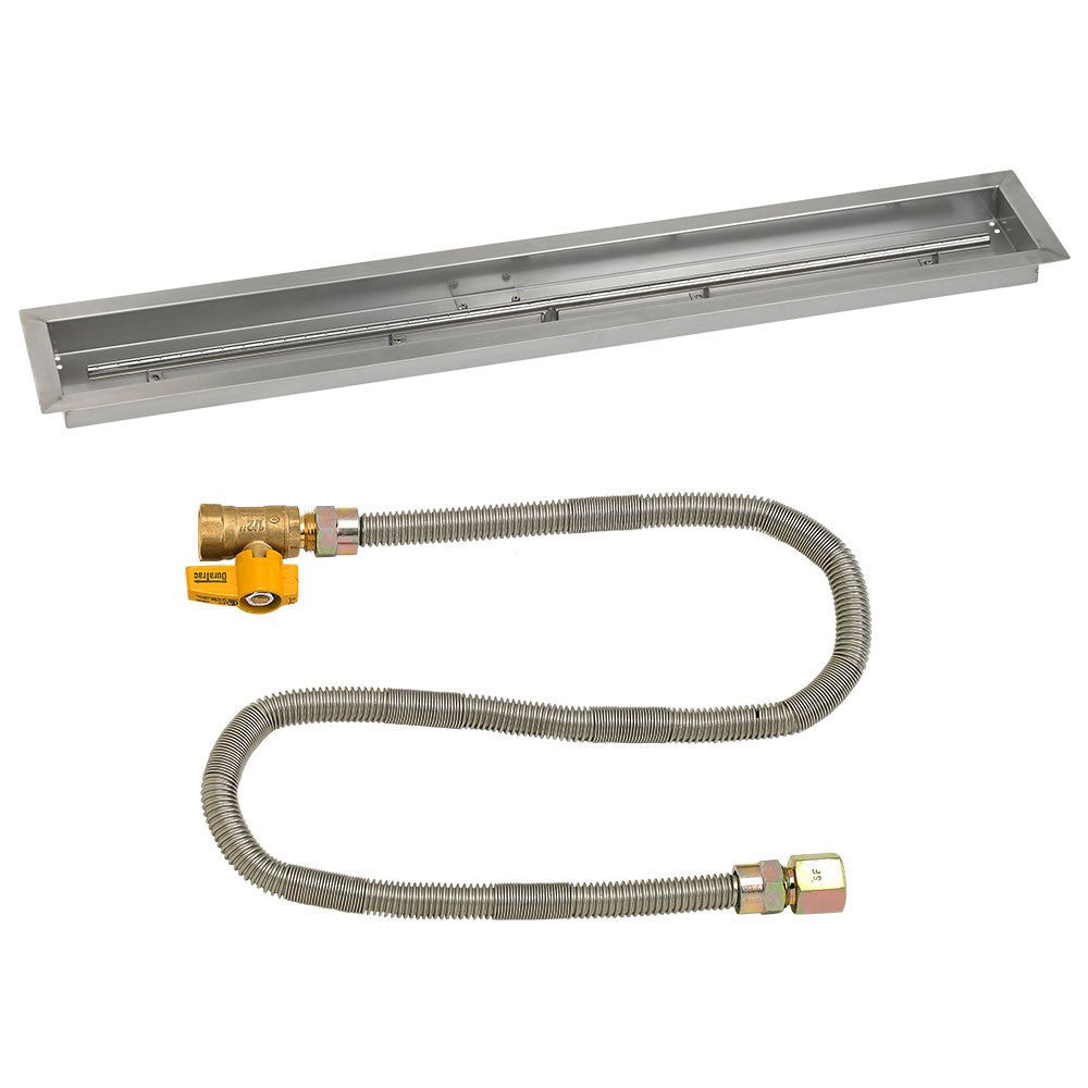 Fire pit trough burner pan and flexible gas hoses with brass valve and connector ends