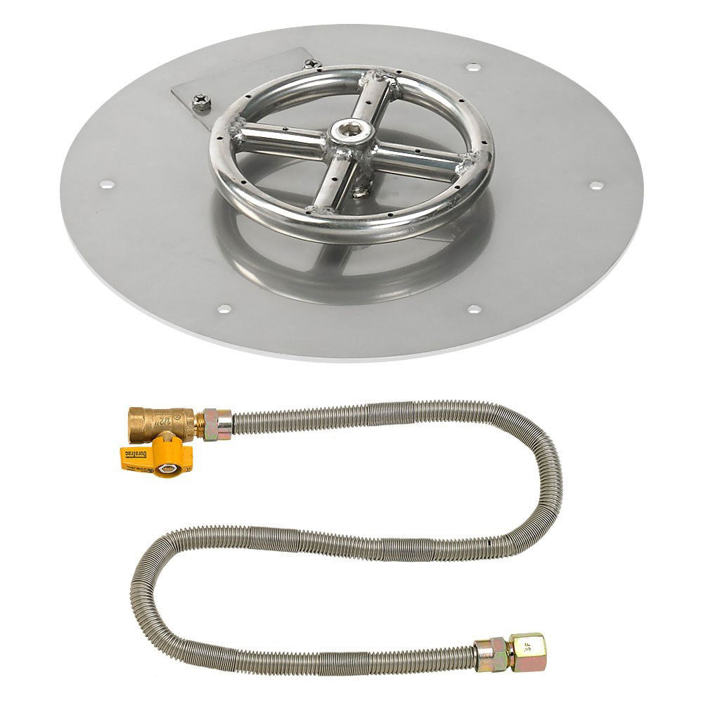 Round metal fire pit burner pan with gas hose and brass valve fittings.