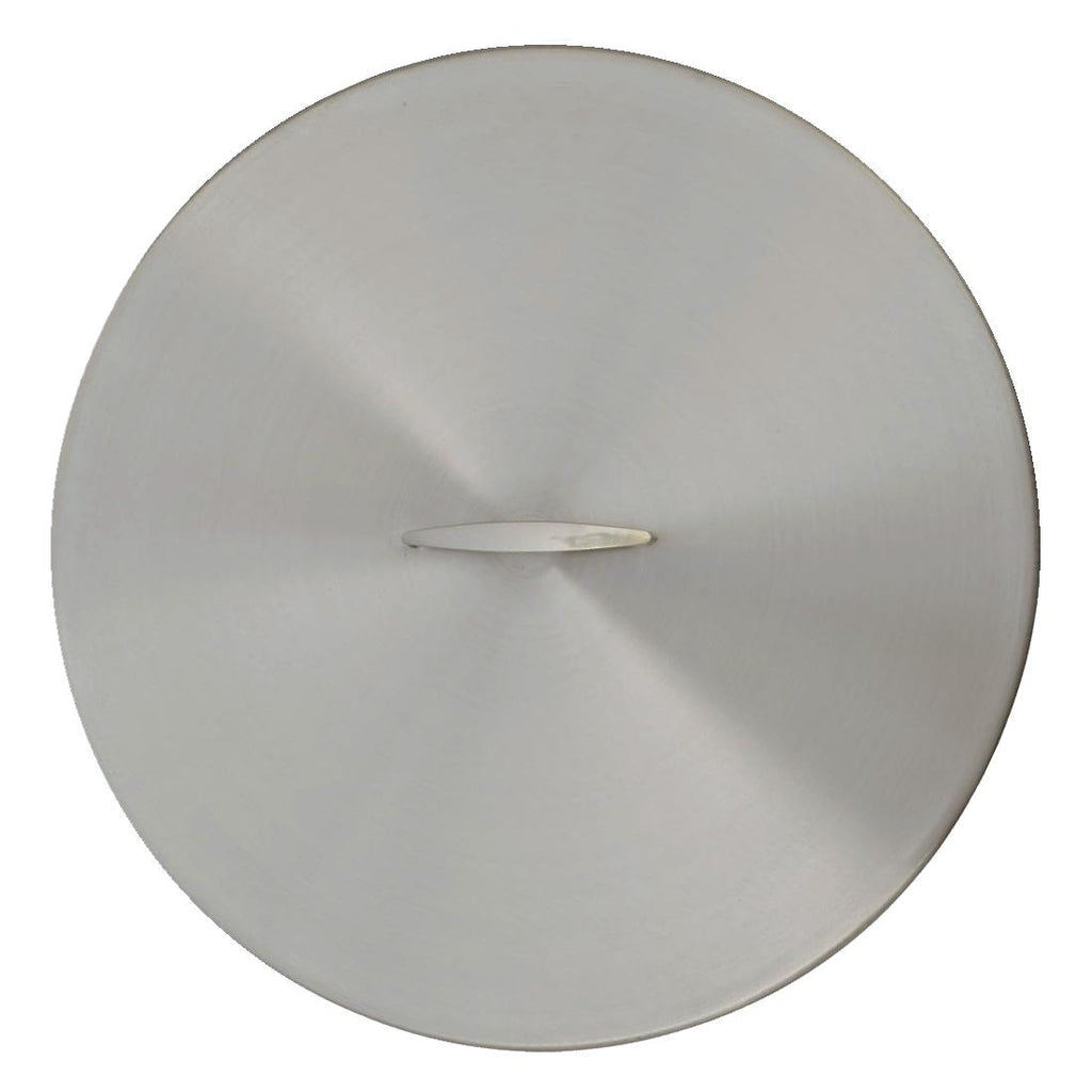 Round brushed stainless steel fire pit cover with two metal tabs