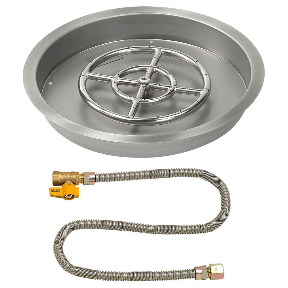 Round metal fire pit burner pan with circular gas burner, gas control valve, and hose