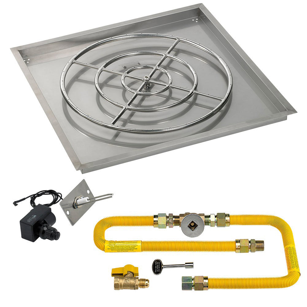 Square metal fire pit burner pan with circular burner ring and yellow gas supply lines