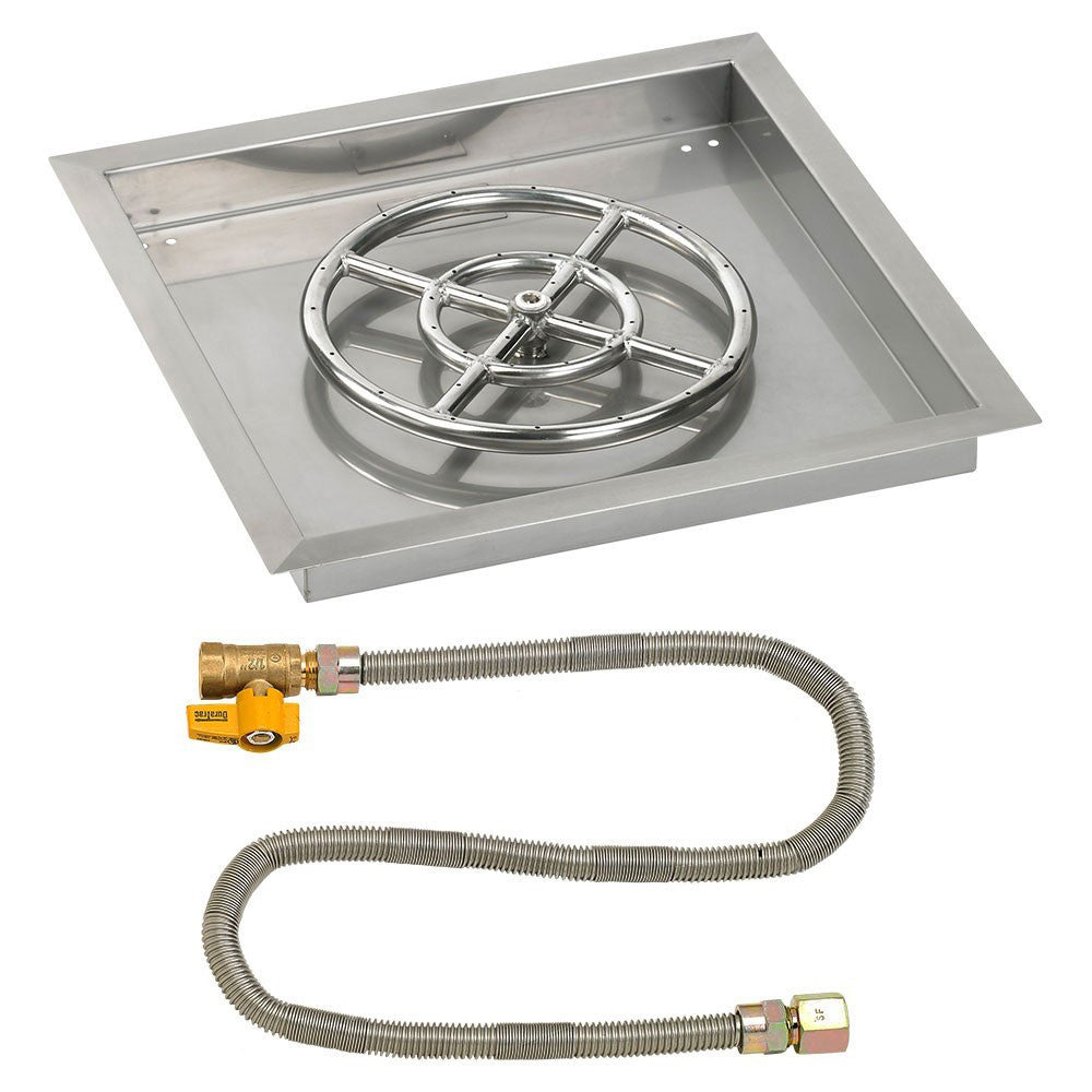 Square metal fire pit burner pan with circular gas burner and silver gas hose set